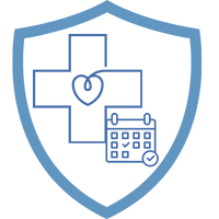 Symbol eines blauen Schildes mit einem medizinischen Kreuz und Dokumenten, das Versicherungsschutz darstellt.